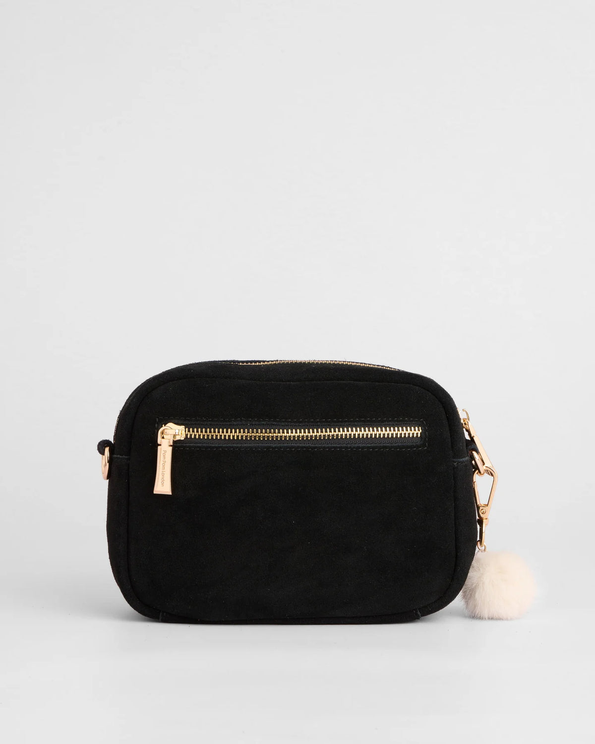 Pom Pom London Original Black suede bag with adjustable strap back view
