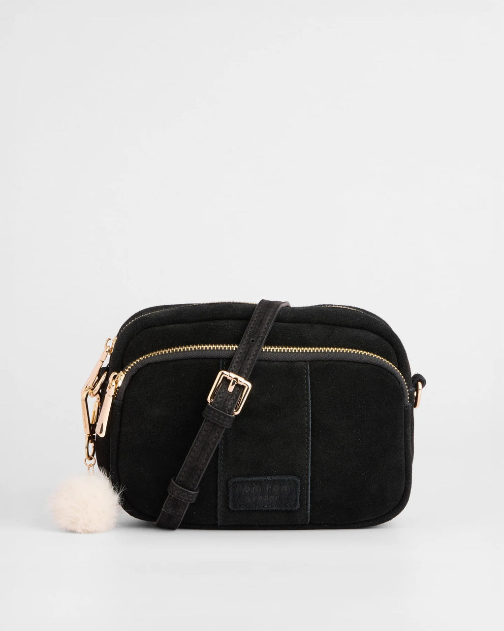 Pom Pom London Original Black suede bag with adjustable strap