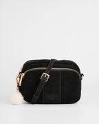 Pom Pom London Original Black suede bag with adjustable strap