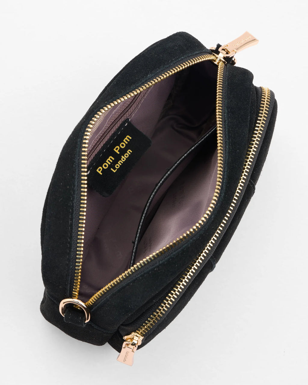 Pom Pom London Original Black suede bag with adjustable strap - inside view