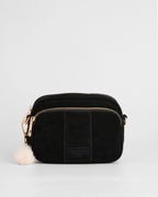 Pom Pom London Original Black suede bag with adjustable strap
