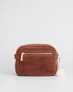 Pom Pom London Original Chocolate brown suede bag with adjustable strap