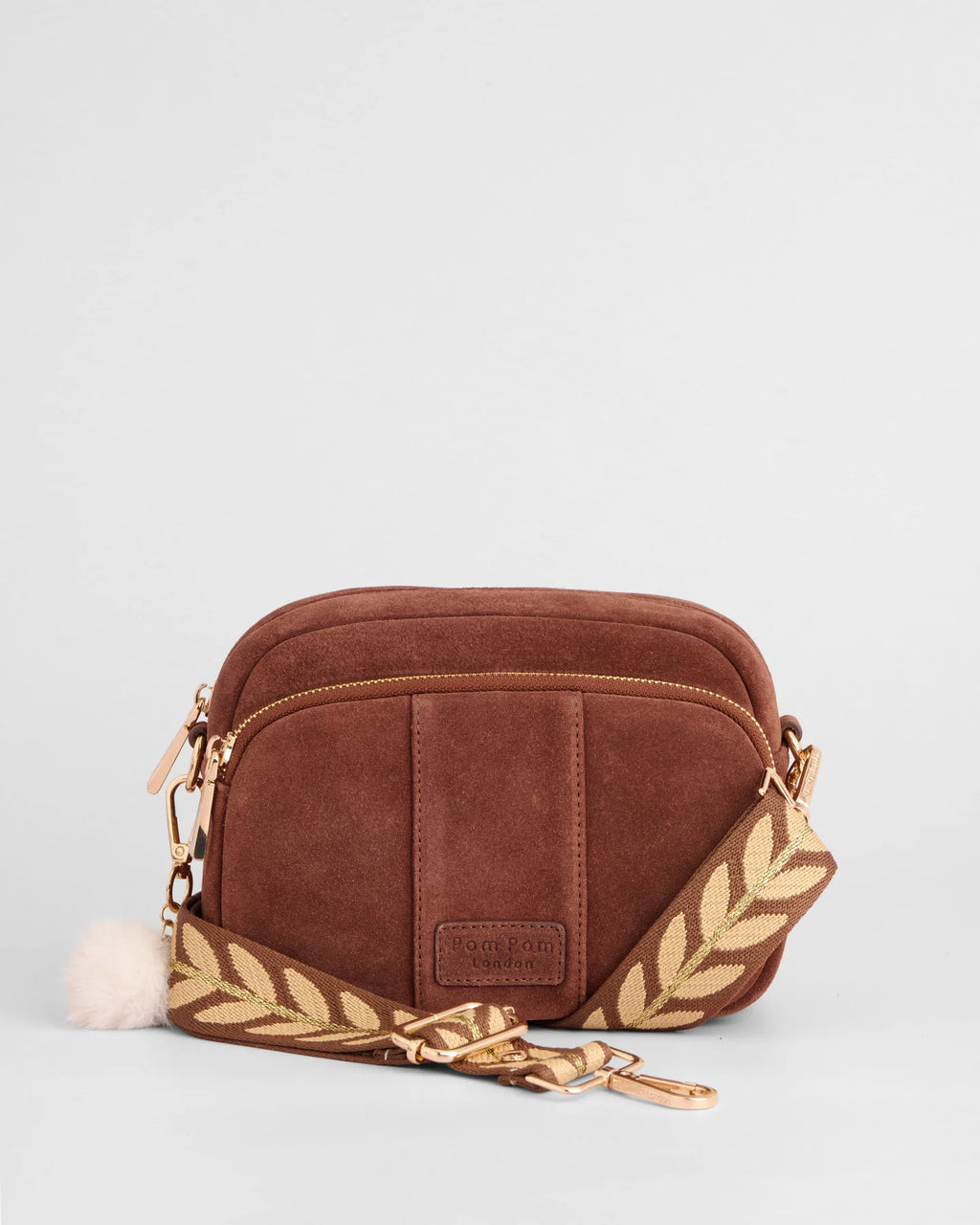 Pom Pom London Original Chocolate brown suede bag with adjustable strap