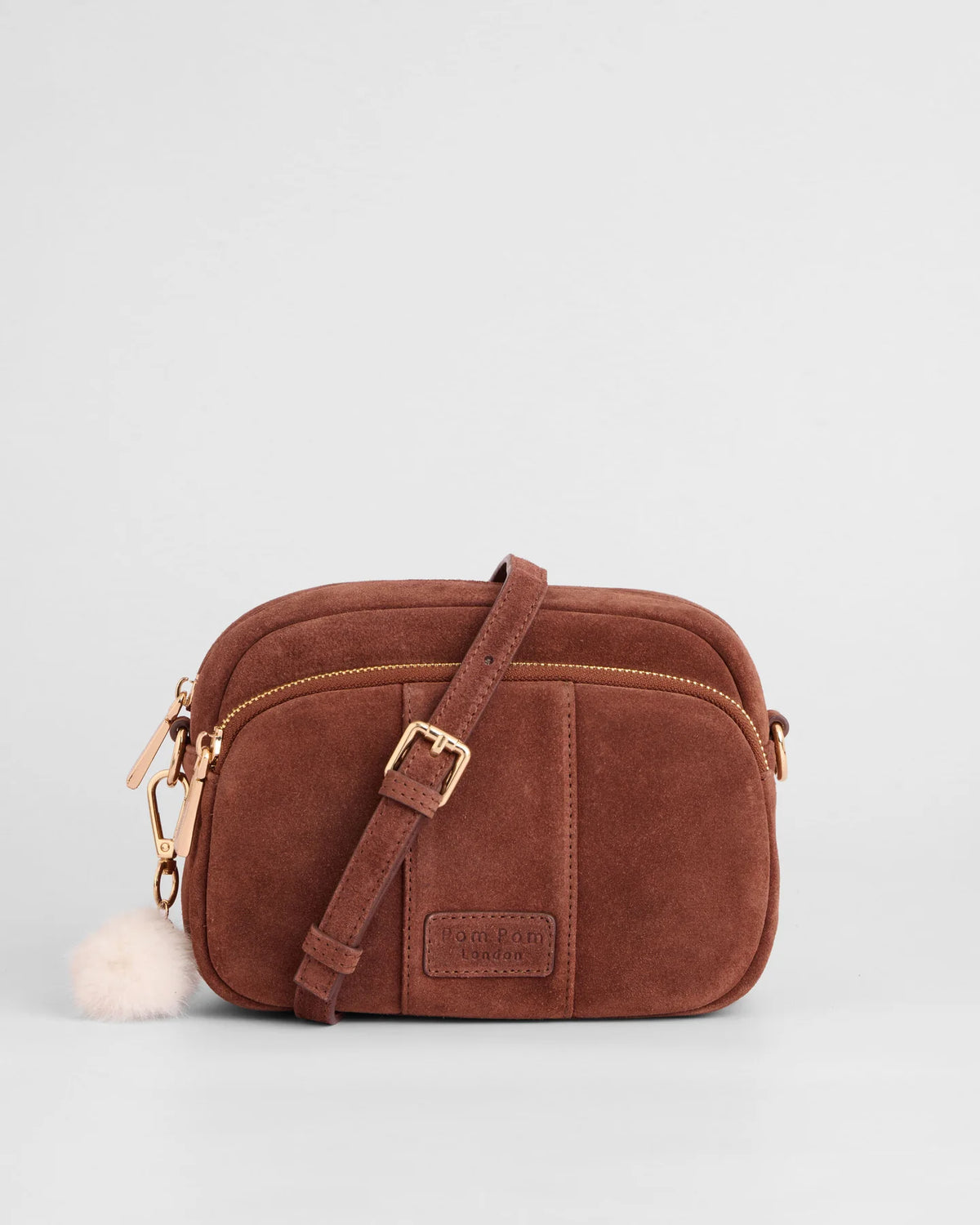 Pom Pom London Original Chocolate brown suede bag with adjustable strap