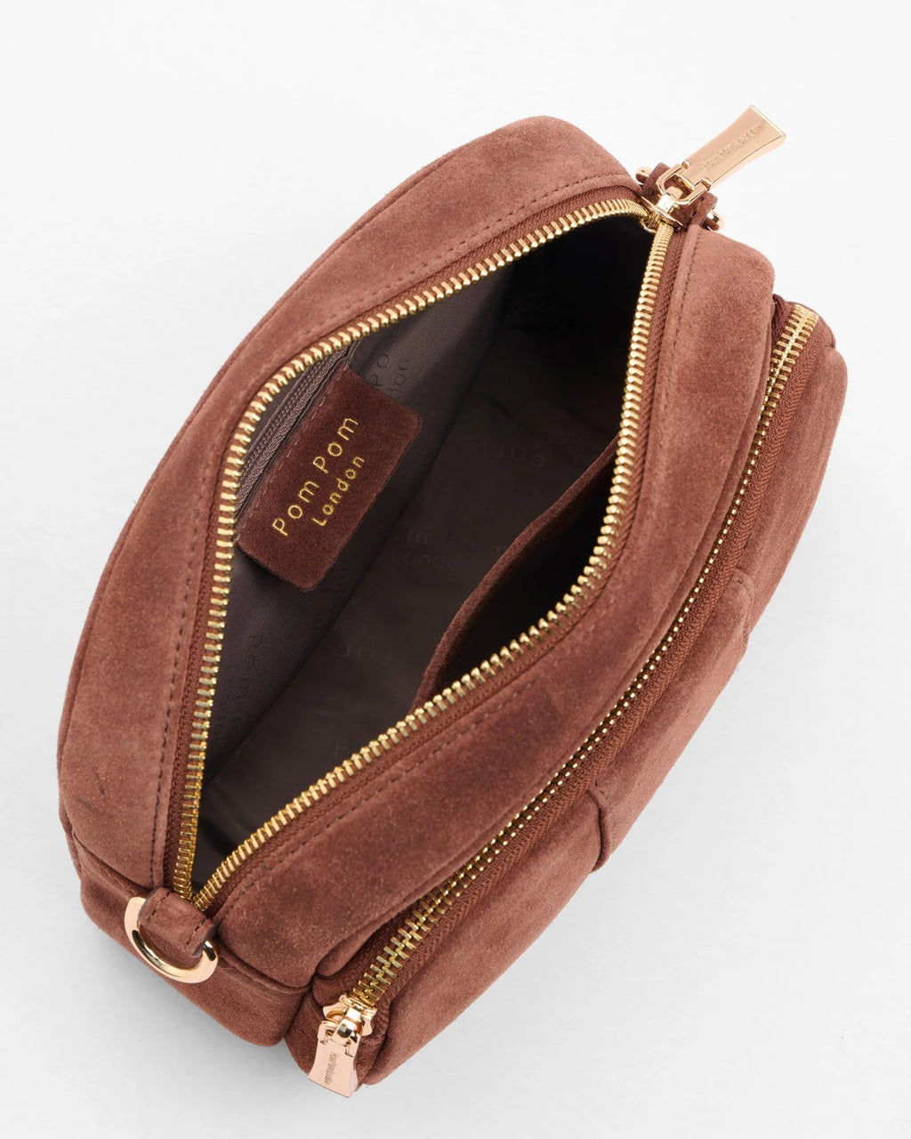 Pom Pom London Original Chocolate brown suede bag with adjustable strap