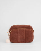 Pom Pom London Original Chocolate brown suede bag with adjustable strap