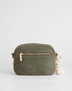 Pom Pom London Original Herb Green suede bag with adjustable strap