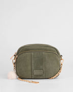 Pom Pom London Original Herb Green suede bag with adjustable strap