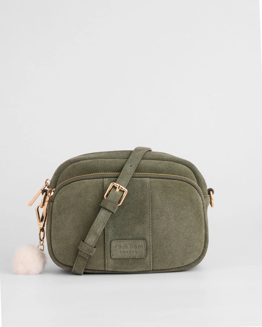 Pom Pom London Original Herb Green suede bag with adjustable strap