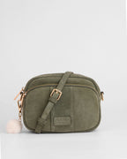 Pom Pom London Original Herb Green suede bag with adjustable strap