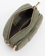 Pom Pom London Original Herb Green suede bag with adjustable strap