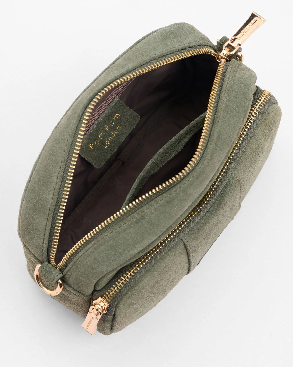 Pom Pom London Original Herb Green suede bag with adjustable strap