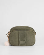 Pom Pom London Original Herb Green suede bag with adjustable strap