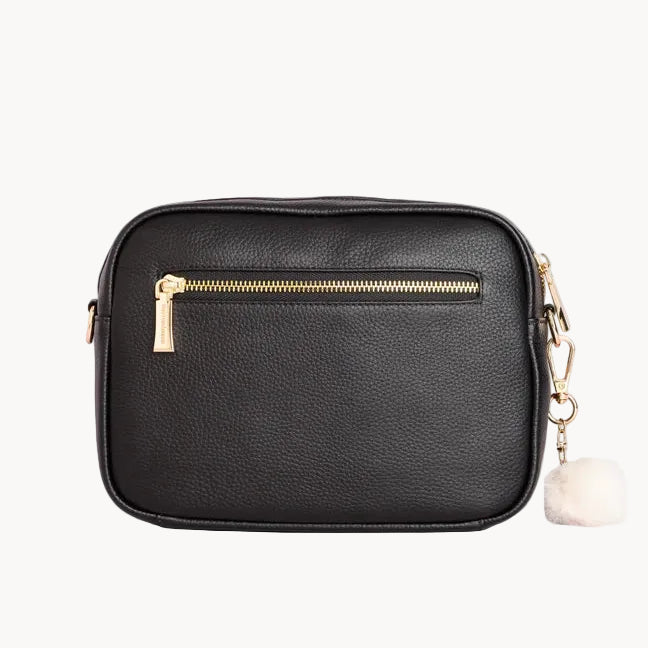 Black handbag with gold zipper and chain detail on a light gray background