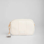 White handbag with a gold chain strap on a light gray background