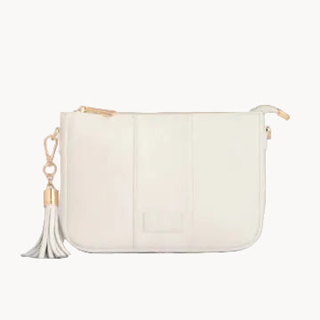 White clutch bag with a gold chain and tassel on a gray background