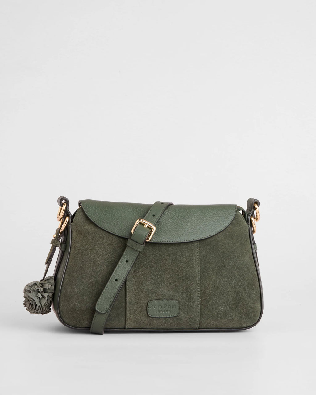 Pom Pom London Sunbury Mini suede and leather bag in Herb Green with crossbody strap