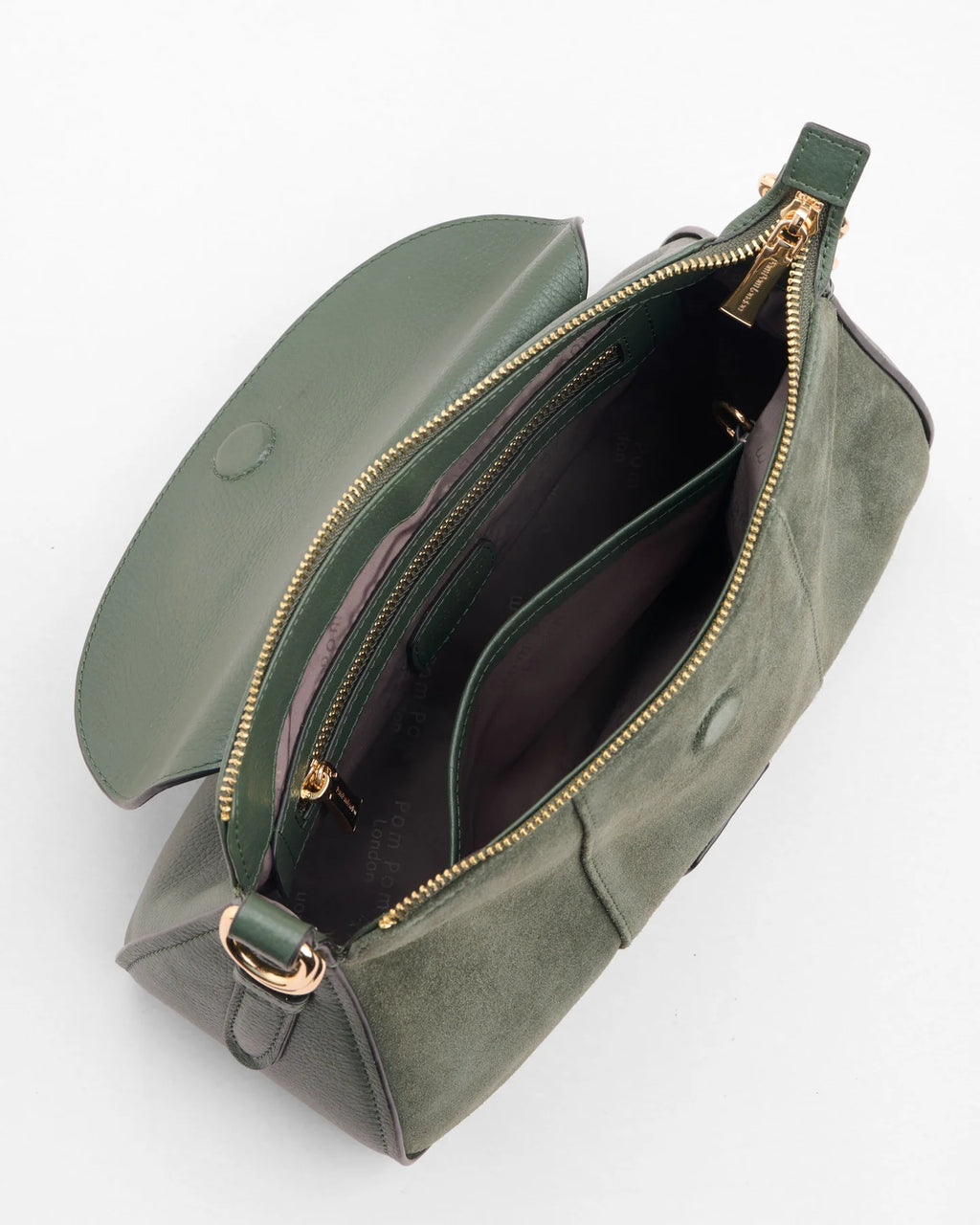 Pom Pom London Sunbury Mini suede and leather bag in Herb Green inside view.
