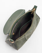 Pom Pom London Sunbury Mini suede and leather bag in Herb Green inside view.