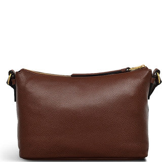 Brown leather handbag on a white background