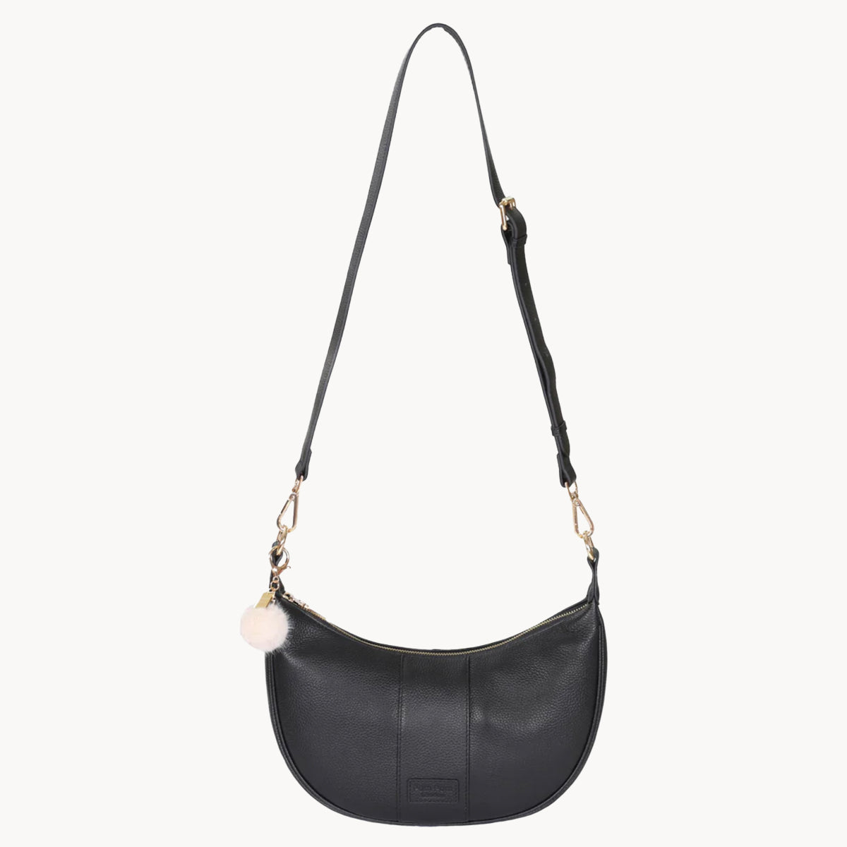 Black shoulder bag with a strap on a white background