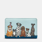 Blue leather bifold purse with appliqué dog design - front view