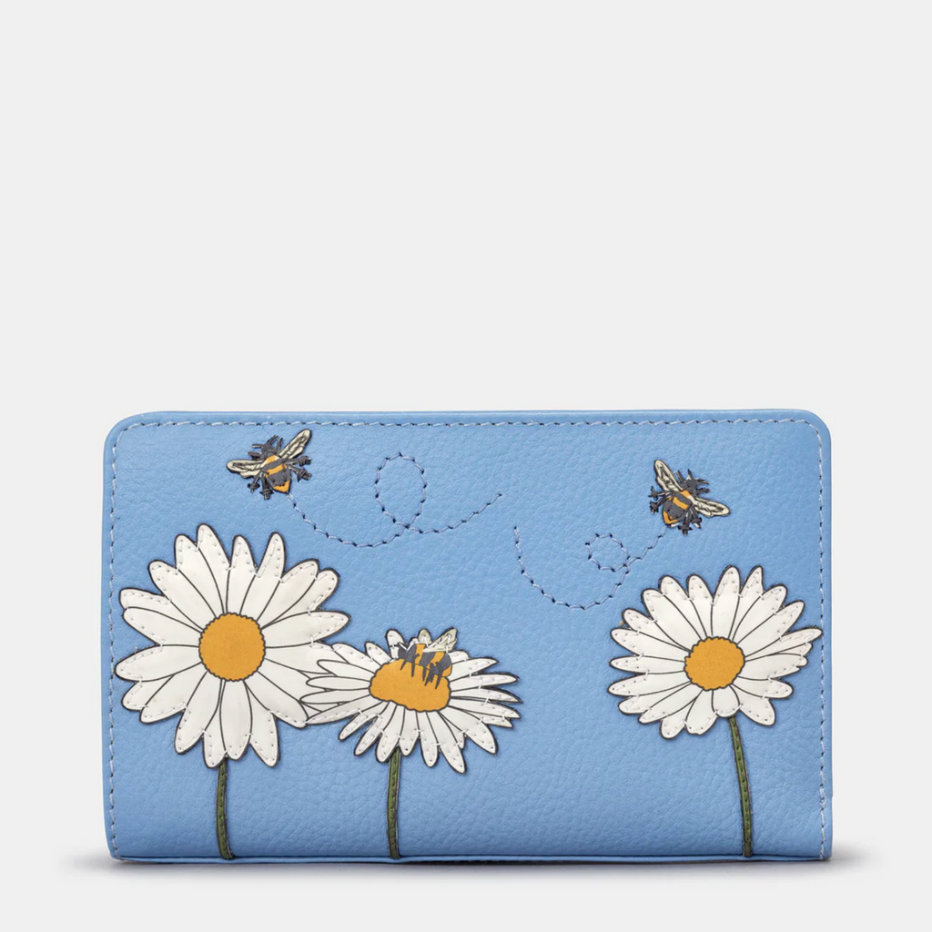Blue leather bi-fold purse with appliqué flower and bee detail