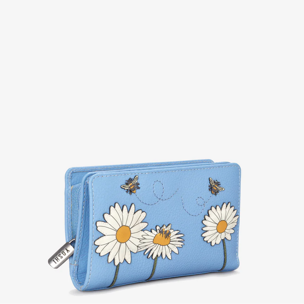 Blue leather bi-fold purse with appliqué flower and bee detail