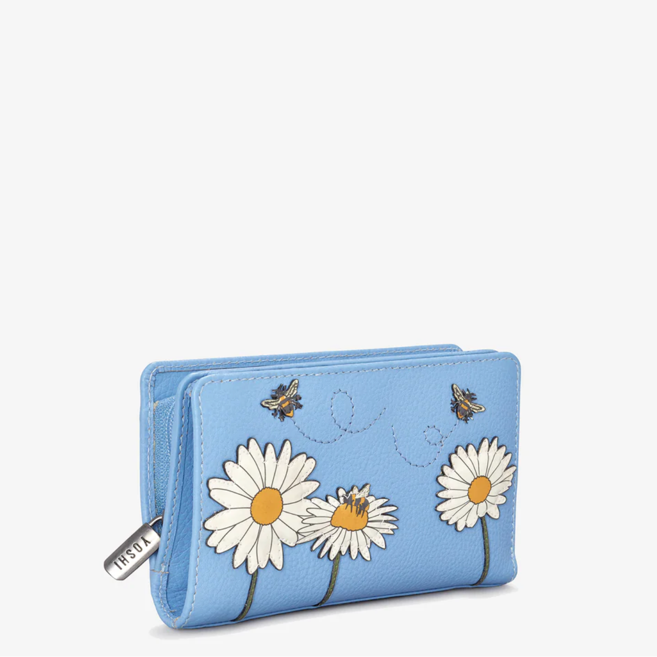 Blue leather bi-fold purse with appliqué flower and bee detail
