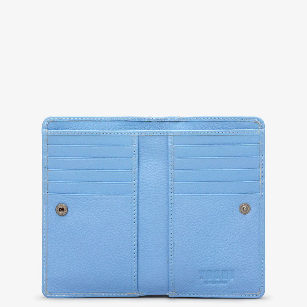 Blue leather bi-fold purse with appliqué flower and bee detail - inside view, 10 credit card slots