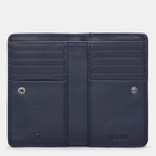 Navy leather wallet with card slots on a light gray background