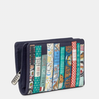 Multicolored book-themed wallet with a visible brand logo on a light gray background