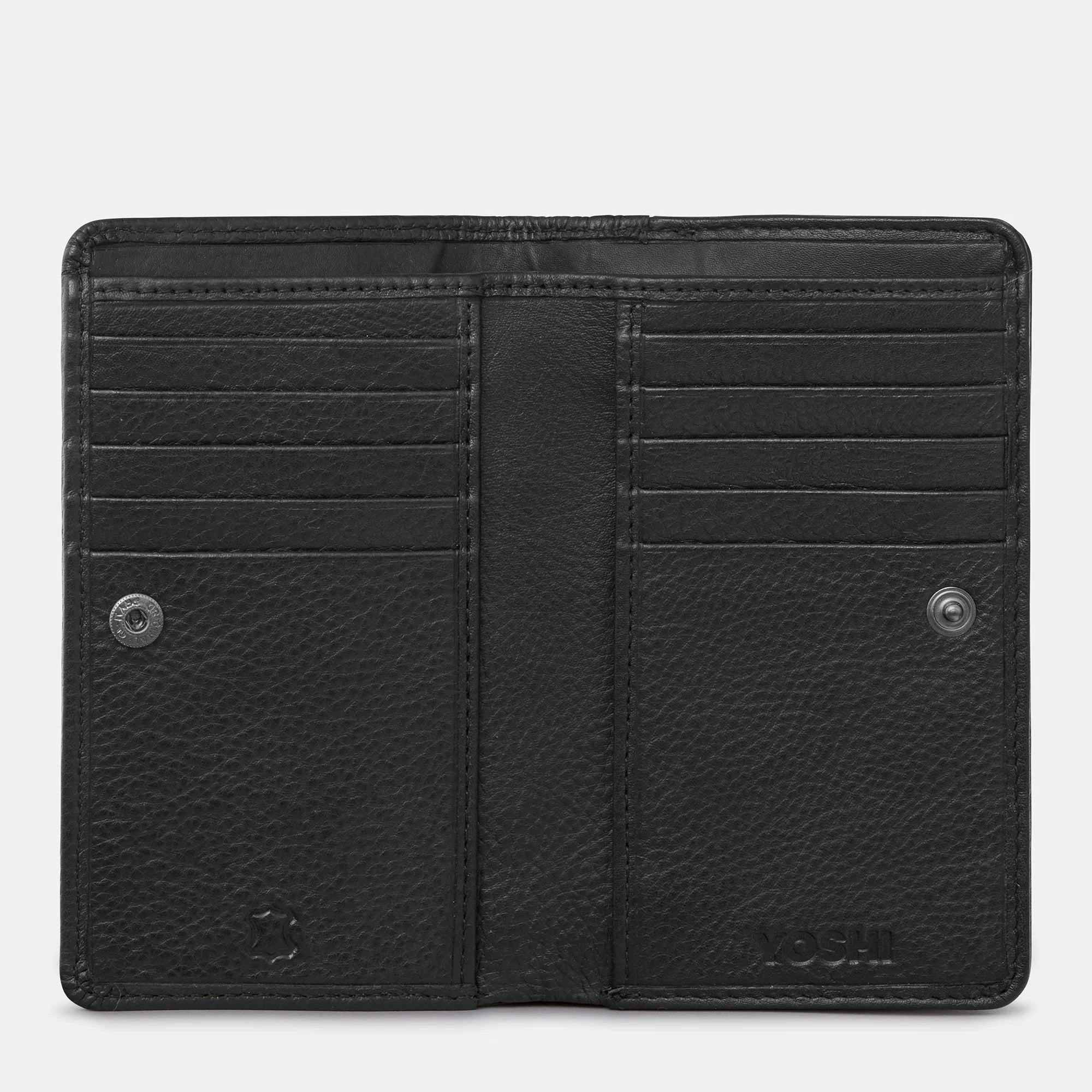 Black leather wallet on a light gray background