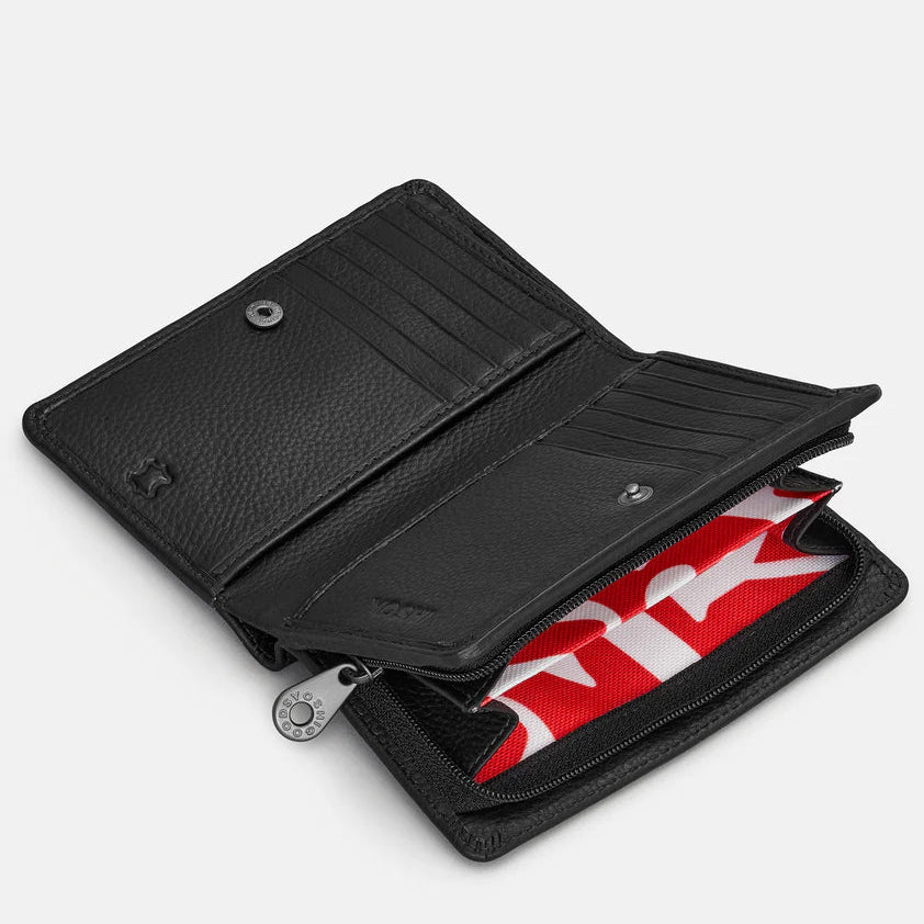 Black leather wallet with a red and white interior on a white background