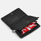 Black leather wallet with a red and white interior on a white background