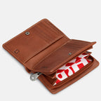 Pink leather bifold purse with appliqué cat design - inside view with divided coin section