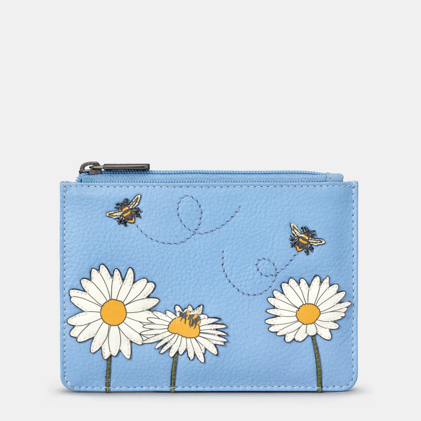 Blue coin purse with floral design featuring daisies and bees on a white background