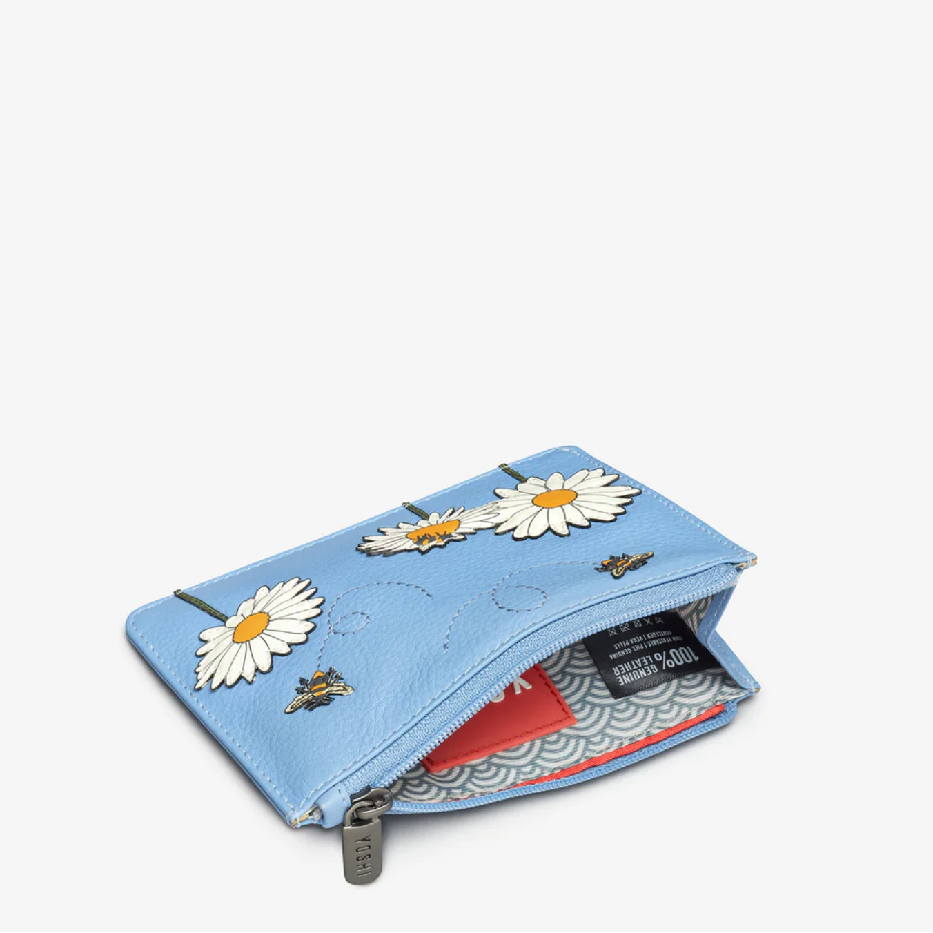 Blue wallet with floral design on a white background