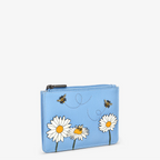 Blue coin purse with floral designs and bee illustrations on a white background