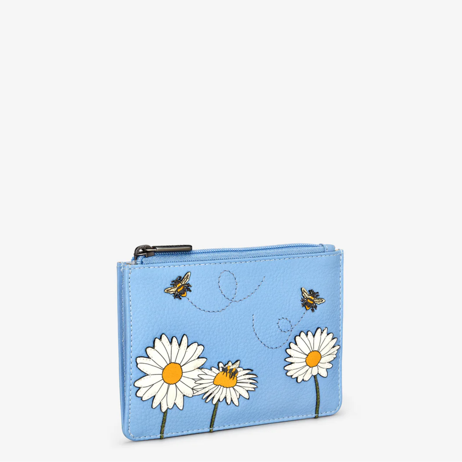 Blue coin purse with floral designs and bee illustrations on a white background