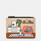 Coin purse with a design of a living room scene on a white background