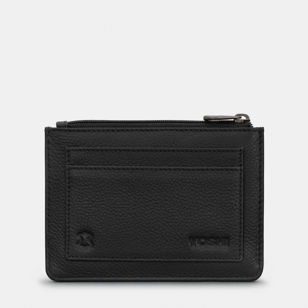 Black leather wallet on a light gray background