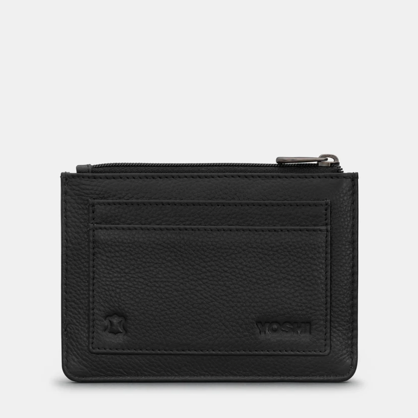 Black leather wallet on a light gray background