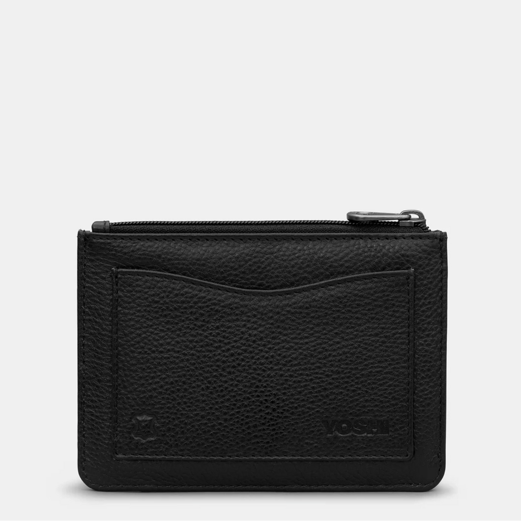 Black leather wallet on a light gray background
