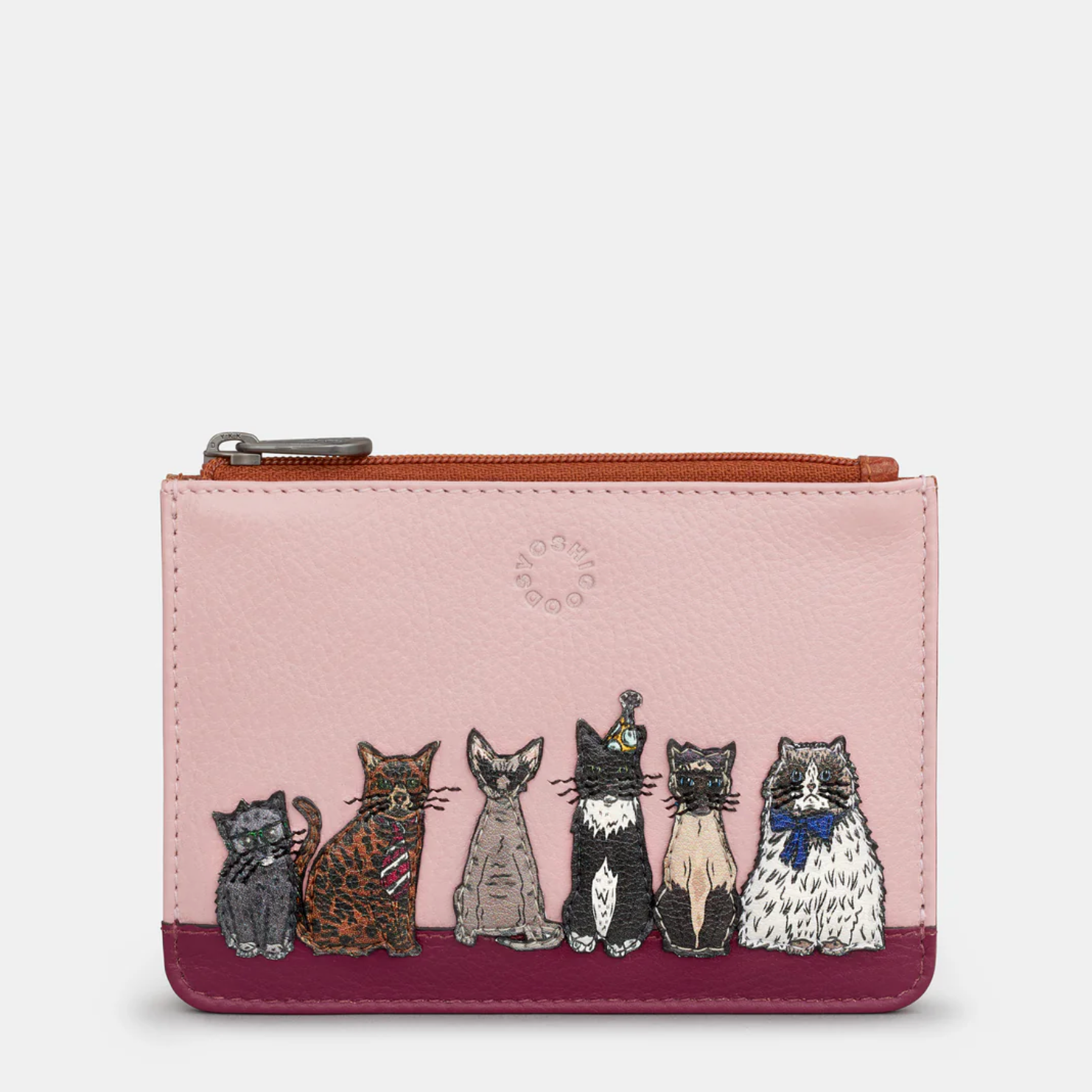Pink wallet with cat illustrations on a white background