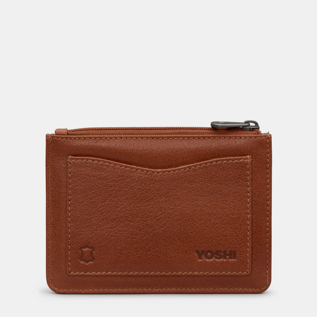 Brown leather wallet with a zipper on a white background