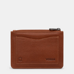 Brown leather wallet with a zipper on a white background