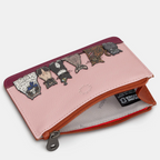 Pink wallet with lace appliqués on a white background