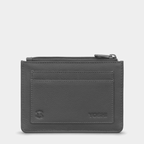 Black leather wallet with a zipper on a light gray background