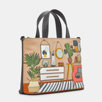 Handbag with a design of a room with plants and furniture on a light gray background